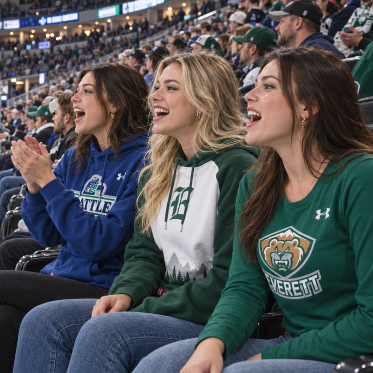 Three women sitting in the stands at an ice hockey game, wearing green and blue team apparel. The woman on the right wears a green long-sleeve shirt with a 'Merrett' logo, the middle woman wears a green and white hoodie, and the woman on the left wears a blue hoodie.